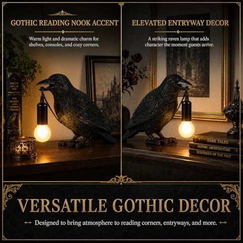 Gothic Crow Table Lamp with Edison Bulb, Halloween Indoor Decor, Resin Figurine, 9.5 Inch
