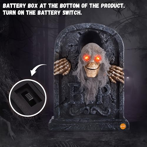 ELAMAS Halloween Animatronic Zombie Tombstone - 1 Pack, Sensor-Activated Skeleton Decor with Creepy Sound, Light Up Eyes, Outdoor Indoor Spooky Prop