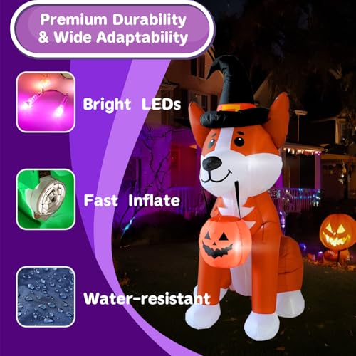 Inflatable Corgi Dog Halloween Yard Decoration with Pumpkin, LED Lights, 6 Feet