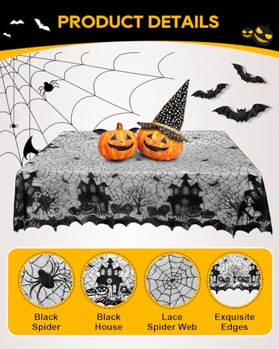 Black Lace Halloween Tablecloth 53x68 Inches with Bat Wall Stickers - Gothic Decor