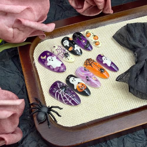 Halloween Press On Nails - Medium Almond Shape Ghost Pumpkin Spider Web Design - Variation of Fake Nails-21