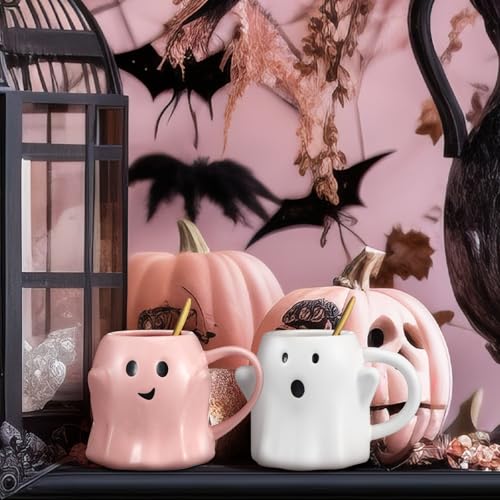 Halloween Ghost Mug Set - 14 oz Ceramic Drinkware with Golden Spoons