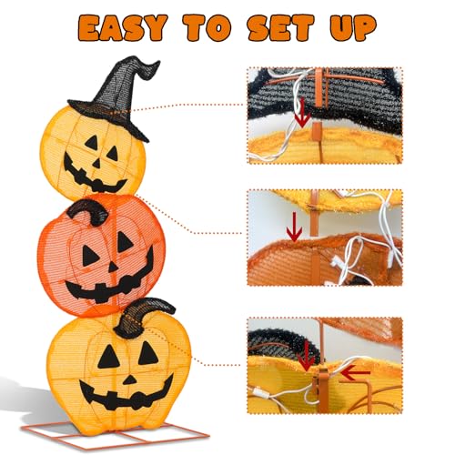 Lighted Halloween Stacked Pumpkins Decoration with 50 Warm White LEDs - Indoor & Outdoor Porch Yard Display - 39 Inches Tall - Variations of Stacked Pumpkins
