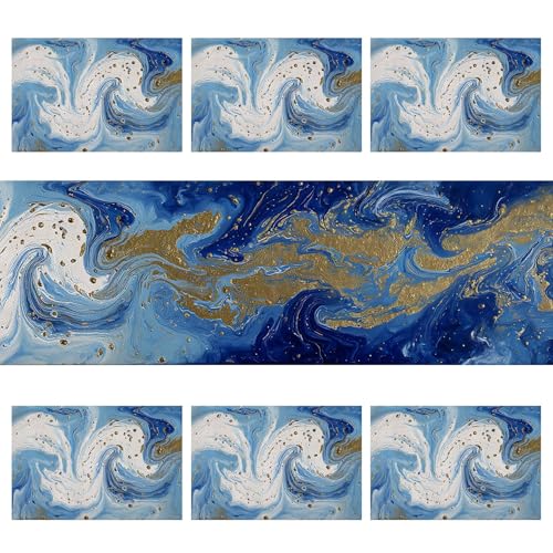 Set of 6 Blue Marble Table Runner & Placemats - Gold Accents, Elegant Home Dining Decor - 1 Runner 72x13 Inches + 6 Placemats 17.7x11.8 Inches (Variation 135)