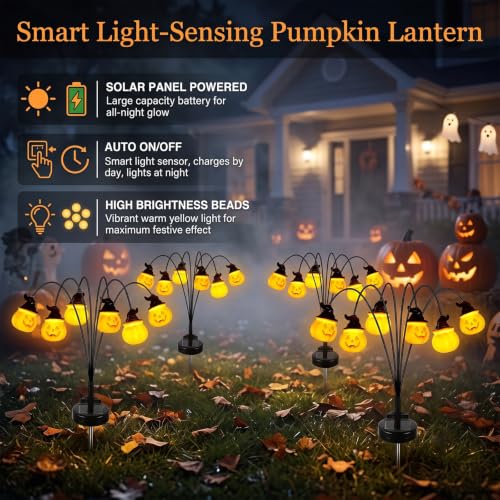 JUSTUP 2 Pack Halloween Pumpkin Solar Stake Lights - Orange, Waterproof Outdoor Garden & Lawn Decor with Auto Sensor & 6 LEDs