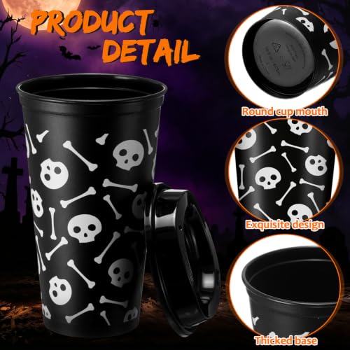 Halloween Reusable Plastic Cups Bulk 16 oz with Lids - Spooky Pattern Set