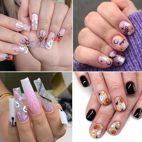 Halloween Nail Stickers Set - Pumpkin Ghost Bat Skull 3D Self-Adhesive Nail Art Decals - Style C