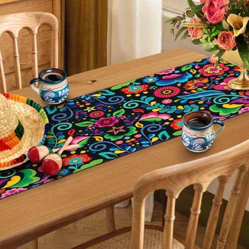 Mexican Fiesta Table Runner - Cinco De Mayo & Día De Los Muertos Rustic Linen Decor - 13x72 Inches - Miucat