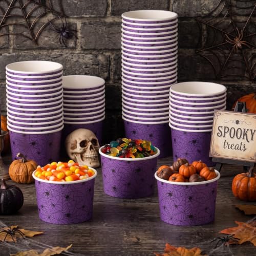 Purple Halloween Spider Web Snack Cups, 9 oz Disposable Paper Cups - 60 Pack
