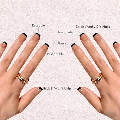 Square Black French Tip Press-On Nails Short with Glue Kit for Women