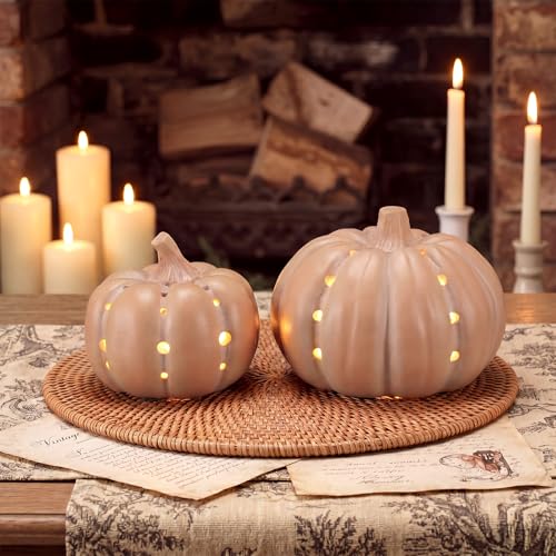 Set of 2 LED Terracotta Pumpkin Lanterns for Fall & Halloween Decor