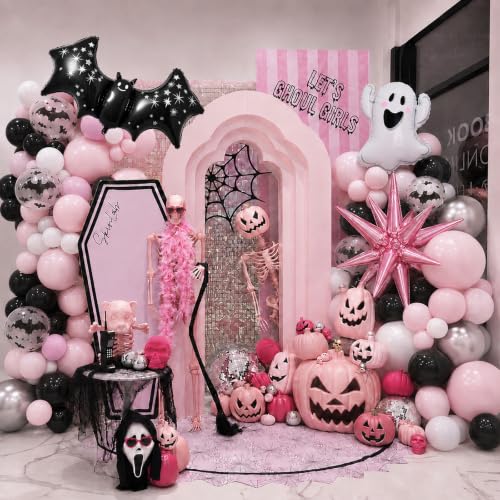 Halloween Balloon Garland Arch Kit with Ghost Bat Balloons - Black Pink Silver Variation
