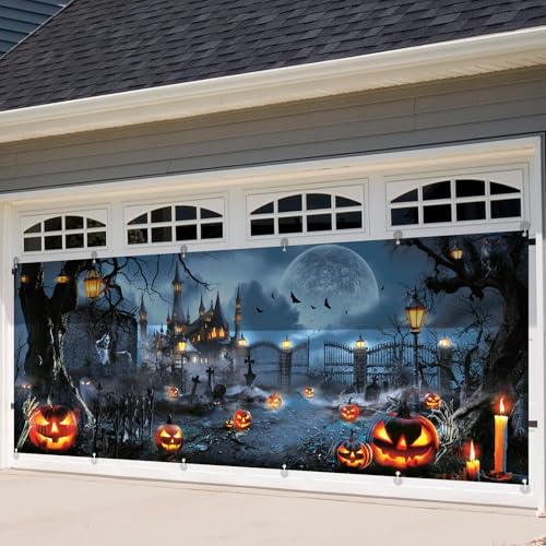 Grey Halloween Garage Door Cover 6x16Ft Haunted House Pumpkin Design - Indoor Outdoor Decor