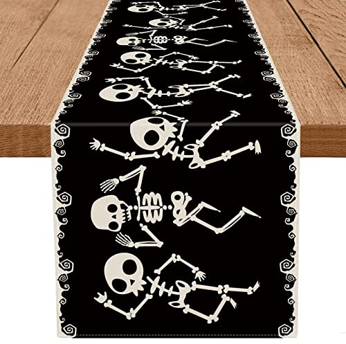 Halloween Skeleton Dancing Table Runner 13" x 90" Black Linen for Dining & Party