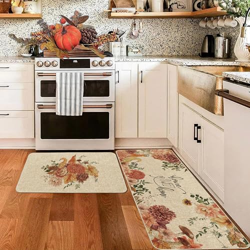 Fall Dahlia Pumpkin Kitchen Mats Set - 17 x 29 & 17 x 47 Inches, Thanksgiving Decor