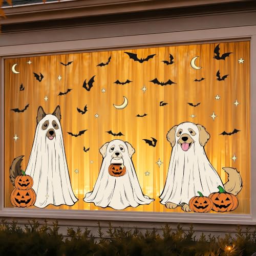 Halloween Window Clings 3pcs Dog Ghost Design Static Decals for Glass Doors & Windows - White, Yellow, Brown