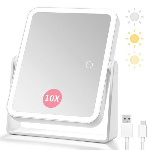 DESCHEN Rechargeable Travel Lighted Makeup Vanity Mirror with Lights and Magnification, Portable 10X/1X Magnifying Led Desk Mirror Makeup with 3 Color Light