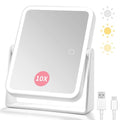 DESCHEN Rechargeable Travel Lighted Makeup Vanity Mirror with Lights and Magnification, Portable 10X/1X Magnifying Led Desk Mirror Makeup with 3 Color Light