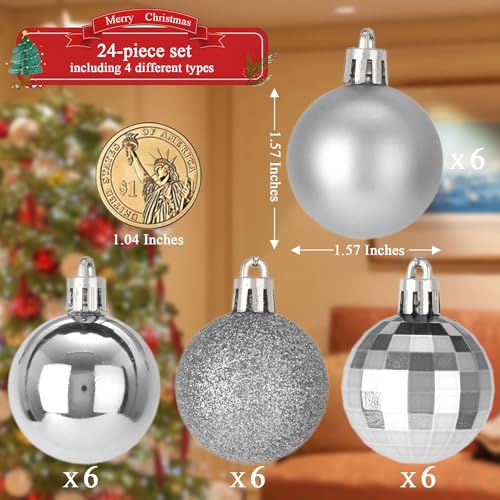 Silver Christmas Ball Ornaments Set - 24pcs 1.57 Inch Mini Holiday Decorations