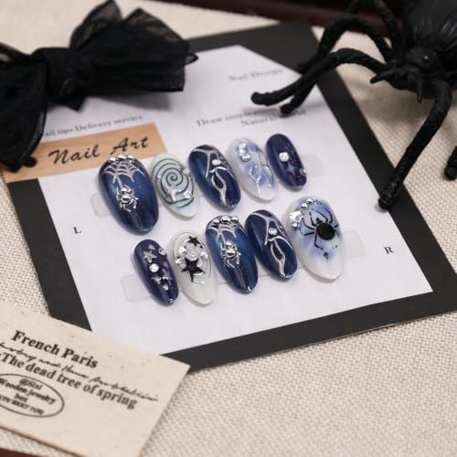 Gothic Halloween Press-On Nails - 3D Spider Web Star Almond Set - Variation of Halloween-13