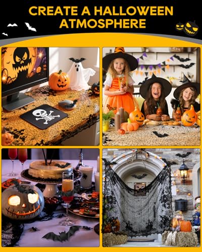 Black Lace Halloween Tablecloth 53x68 Inches with Bat Wall Stickers - Gothic Decor