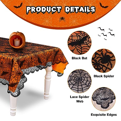 Halloween Table Cloth 2pcs Black Lace Spider Web Cover with Orange Liner - Variation of Black+Orange