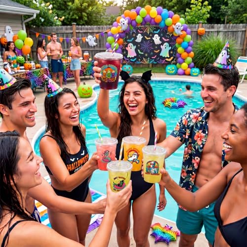48 Pack Summer Halloween Plastic Cups with Lids & Straws - 16 oz Disposable Party Set