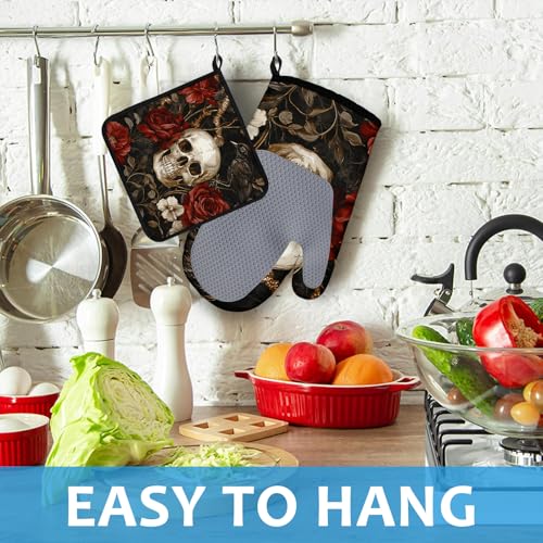 Halloween Skull Rose Crow Oven Mitts & Pot Holder Set - Heat Resistant Kitchen Accessories