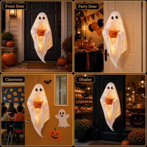 VZQI Halloween Ghost Candy Bowl White Hanging Candy Holder with 8 Light Modes