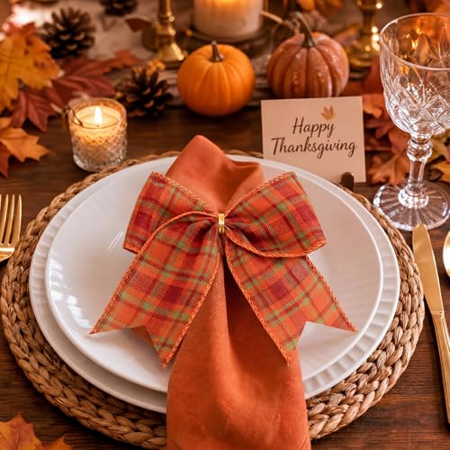 Fall Buffalo Plaid Bow Decorations - 6 Inch Set of 12 in Orange, Green, Red