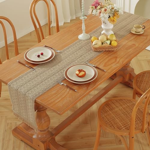 Brown Burlap Boho Table Runner 12x108 Inches with Tassels - Rustic Farmhouse Decor