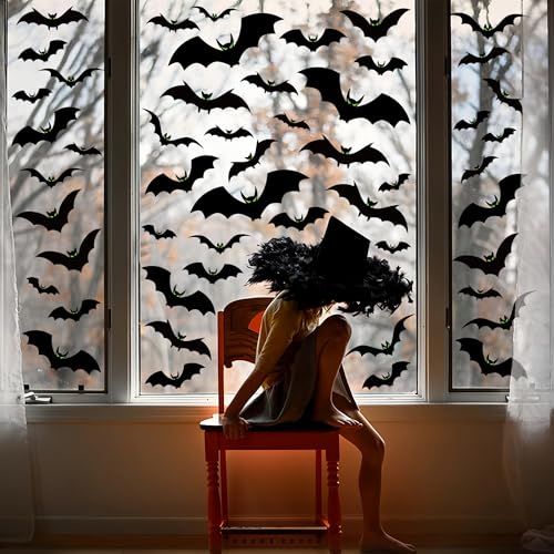 Halloween Window Clings Set - Large Scary Bat Silhouettes with Glow Eyes, Double Sided, 6 Sheets