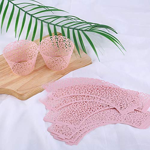 Pearl Lace Filigree Wedding Cupcake Toppers - Pink, 50 pcs
