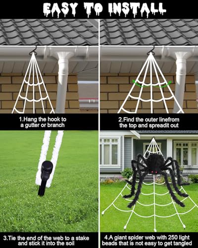 16.4Ft Halloween Spider Web Lights with 8 Modes & Purple LEDs - Waterproof Outdoor Decor with 48-Inch Spider
