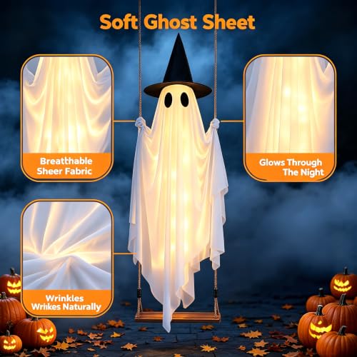 5FT Glowing Ghost Halloween Outdoor Decor with Flash Light Modes & Wind Effect