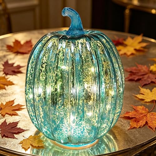 Mercury Glass Pumpkin Lights with Timer - Blue Fall Decor for Home