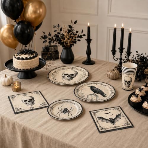 Halloween Party Supplies Set with Gothic Skull Raven Bats & Spiders for 24 Guests
