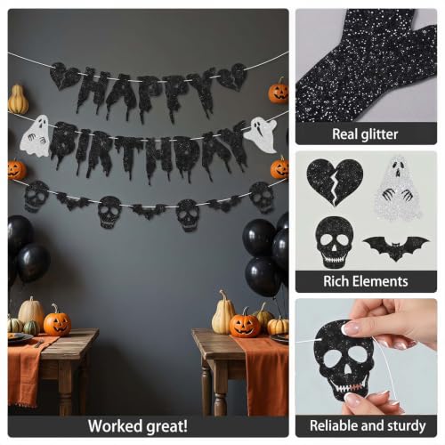 Halloween Birthday Banner Heart Ghost Skull Glitter Party Decorations - Pre-Strung
