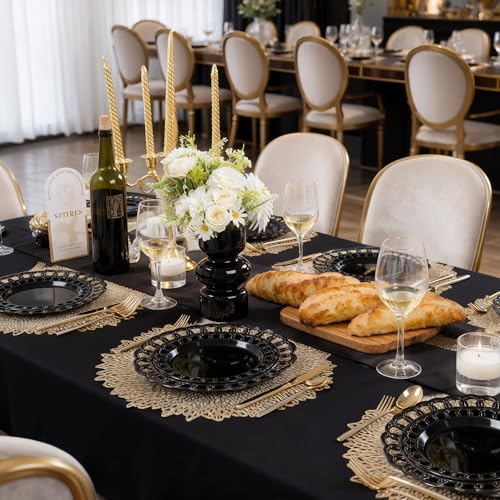 Black Plastic Plates Set 60pcs Baroque Lace Rim Disposable Dinner & Dessert Plates