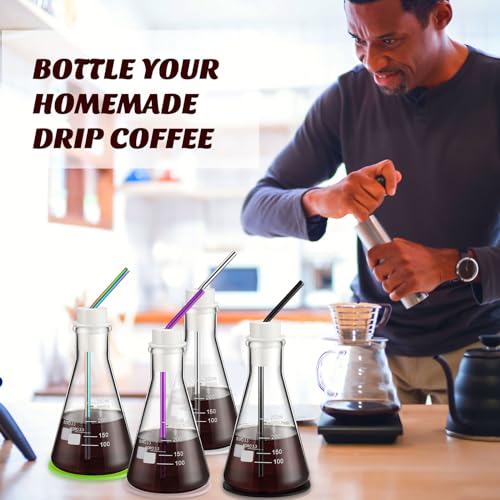 Lab Flask Glasses 6-Piece Set with Stainless Steel Straws & Coasters - 8.5 Oz