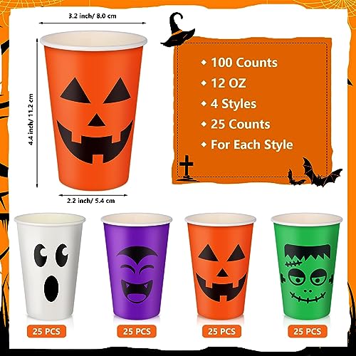 Halloween Disposable Paper Cups 12oz Pack of 100 Ghost Pumpkin Vampire Designs
