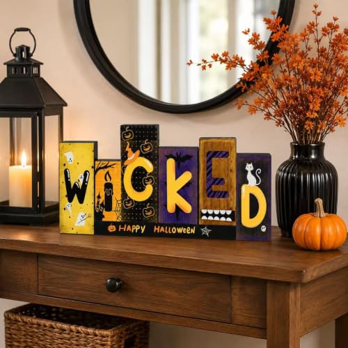 Wicked Halloween Wooden Sign - Ghost Pumpkin Bat Decor Indoor Tabletop
