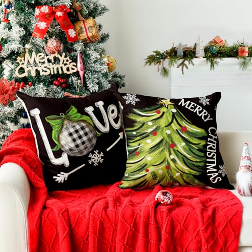 Black 20x20 Inch Christmas Throw Pillow Covers Set of 4 - Snowman Love Holiday Decor