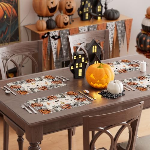Halloween Skeleton Ghost Placemats Set of 4 12x18 Inch Table Decor - Spooky Dining Table Accessories