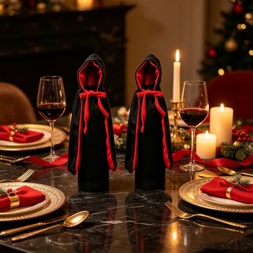 Halloween Vampire Cape Wine Bottle Cover Set with Hat - Festive Party Decor