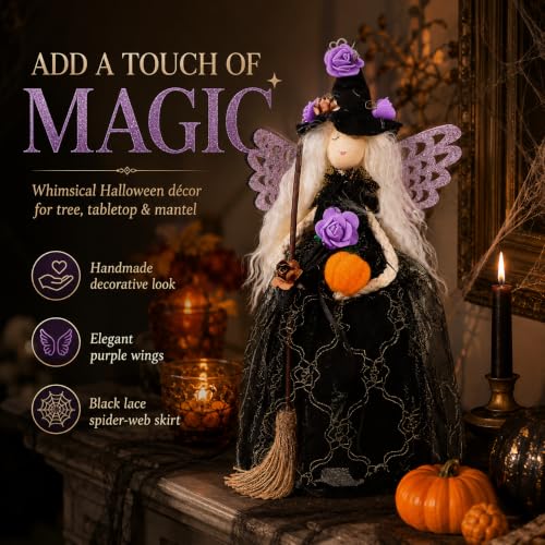 Halloween Witch Tree Topper Decoration - 11 Inch Black Witch with Spider Web Skirt - Multicolor Variant