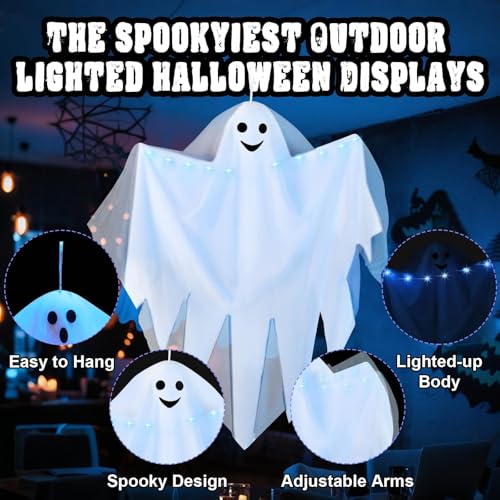 Halloween Hanging Ghost Lights Set - White Ghosts with Blue Light, 4 Pack Outdoor Decor
