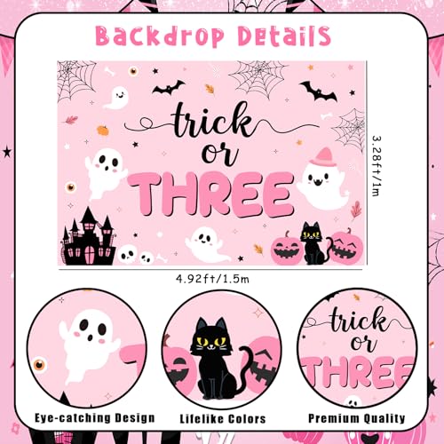 Halloween 3rd Birthday Decorations Kit for Girls Pink Black Ghost Balloons Banner Cake Topper