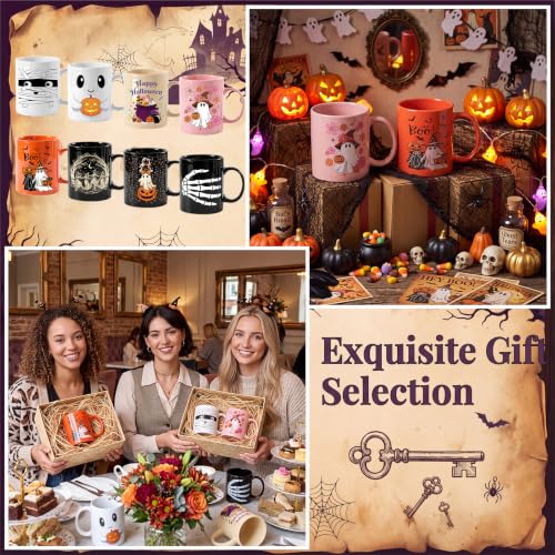 Halloween Ghost Ceramic Coffee Mug Set - 8 Pcs, 12 oz, Handle, Holiday Decor