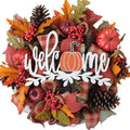 Fall Artificial Maple Leaf Mesh Wreath with Pumpkin and Welcome Sign - Front Door Decor